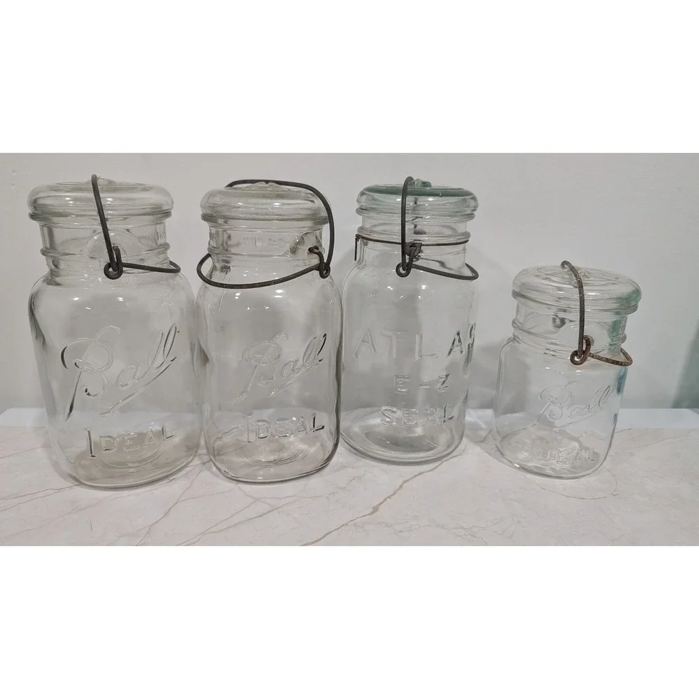 Vintage Ball Ideal and Atlas E-Z Seal Glass Canning Jars with Wire Bail Lids 4pc